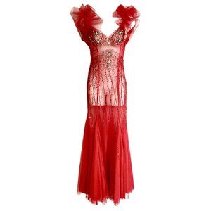 Almost Famous Red Sheer Mesh Rhinestone Embellished Ruffle Sleeve Maxi Dress